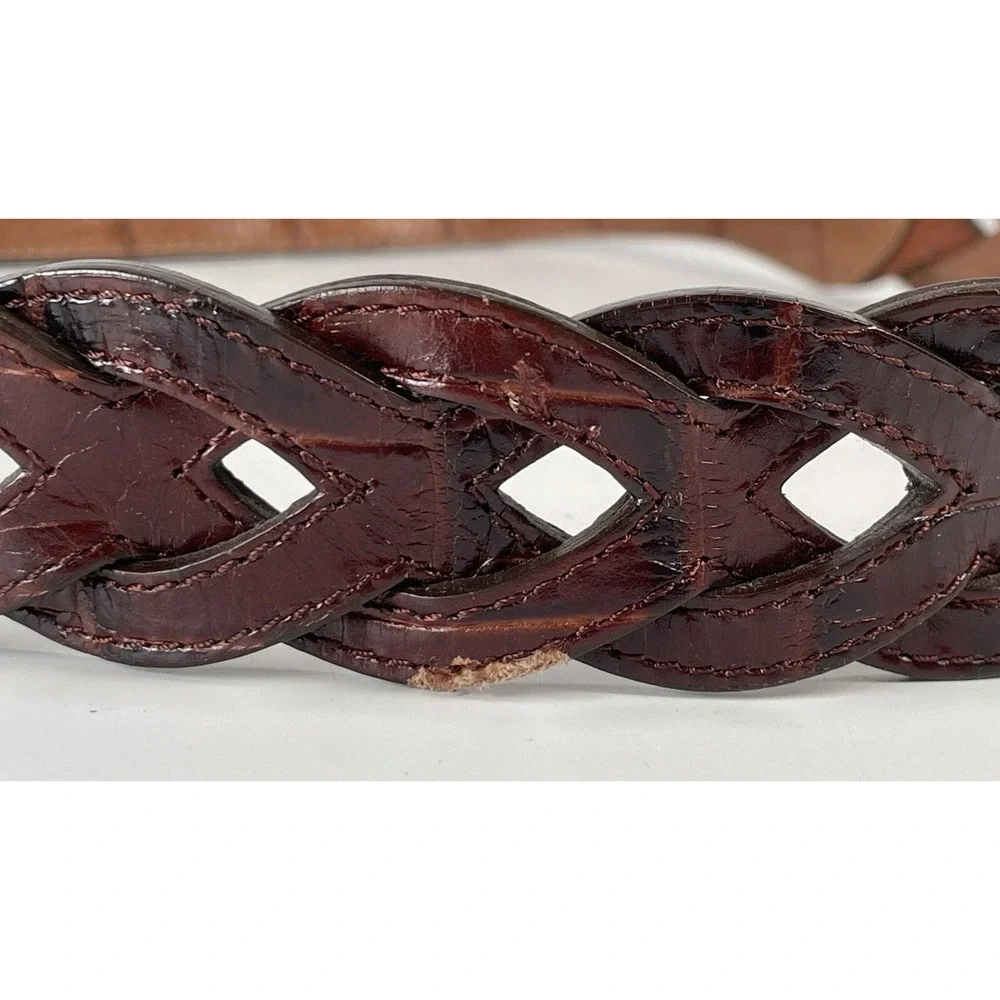 Dark Brown Tan Reversible Braided Belt Mock Croc Silver Buckle XL